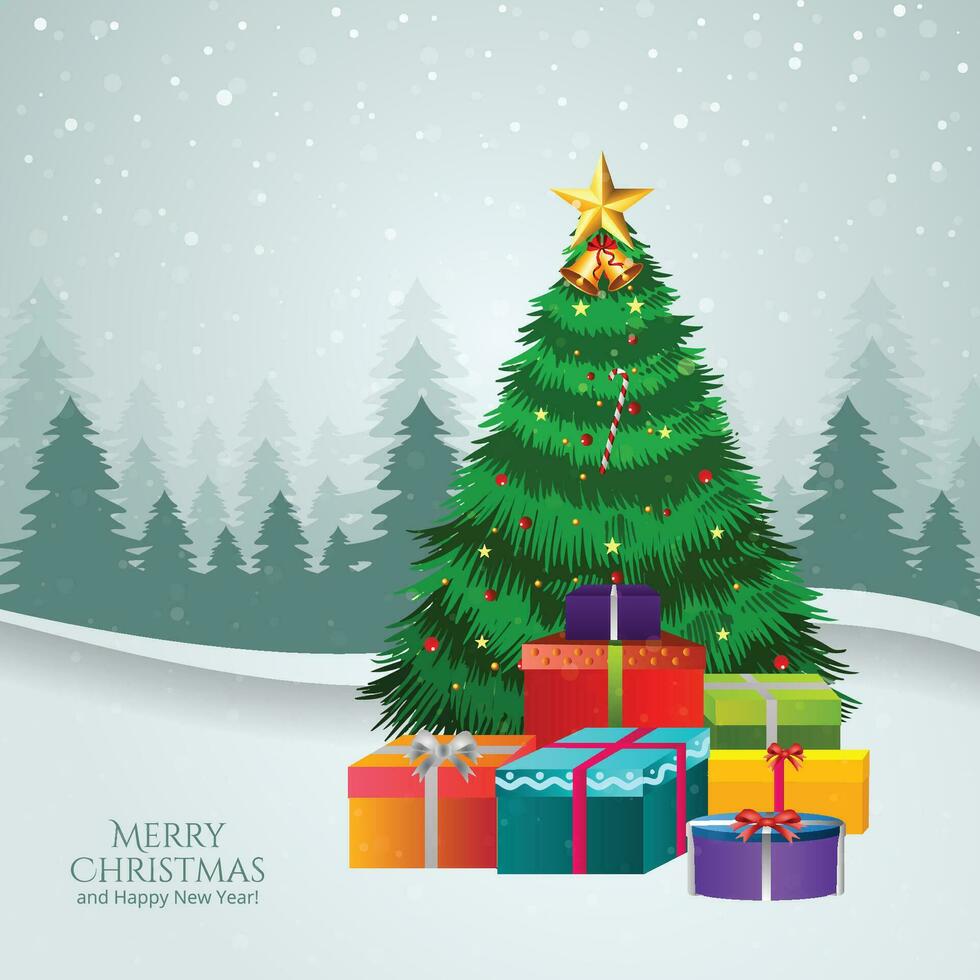 Christmas tree with decorations, presents and santa gifts card background vector