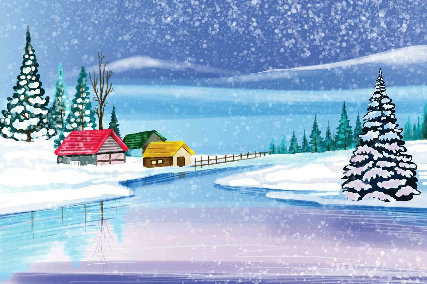 Winter landscape with cottage background vector