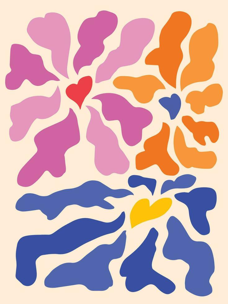 Abstract blue, pink, and orange fluid tshirt or poster design flowers vector illustration isolated on light yellow vertical background. Simple flat cartoon minimalist art styled drawing template.