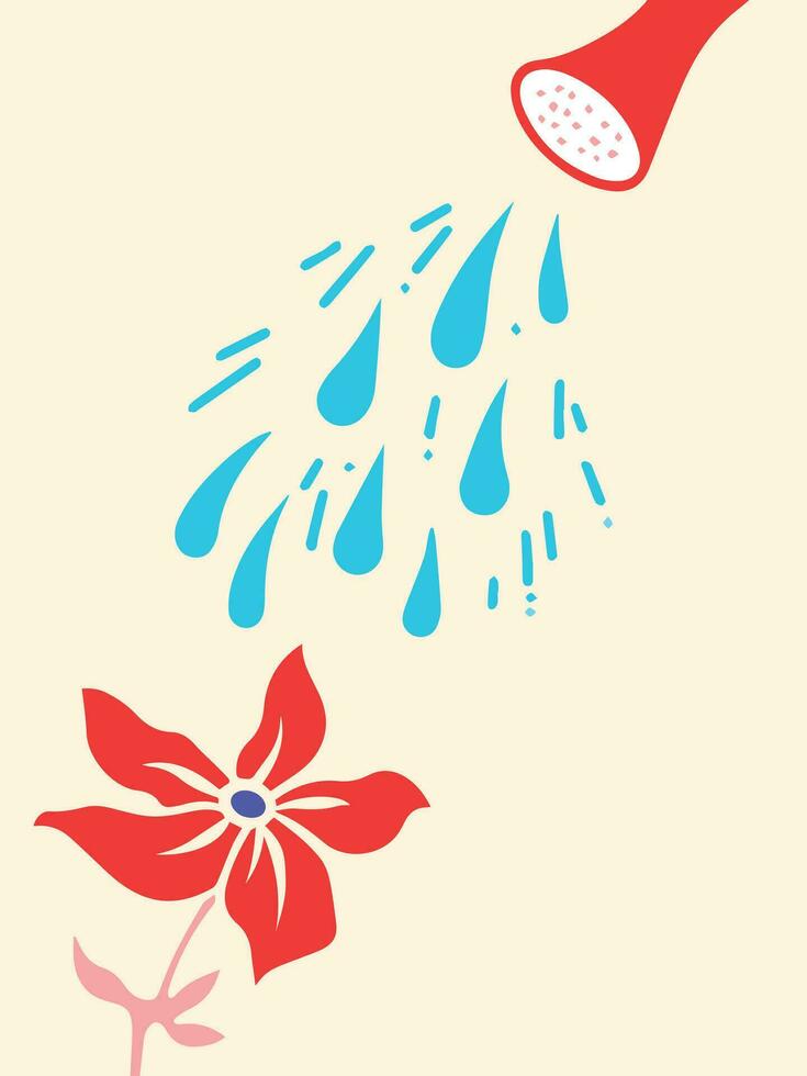 Abstract red waterer, watering red colored flower. Vector illustration for tshirt or poster design isolated on vertical yellow colored background. Simple flat cartoon minimalist art styled drawing.