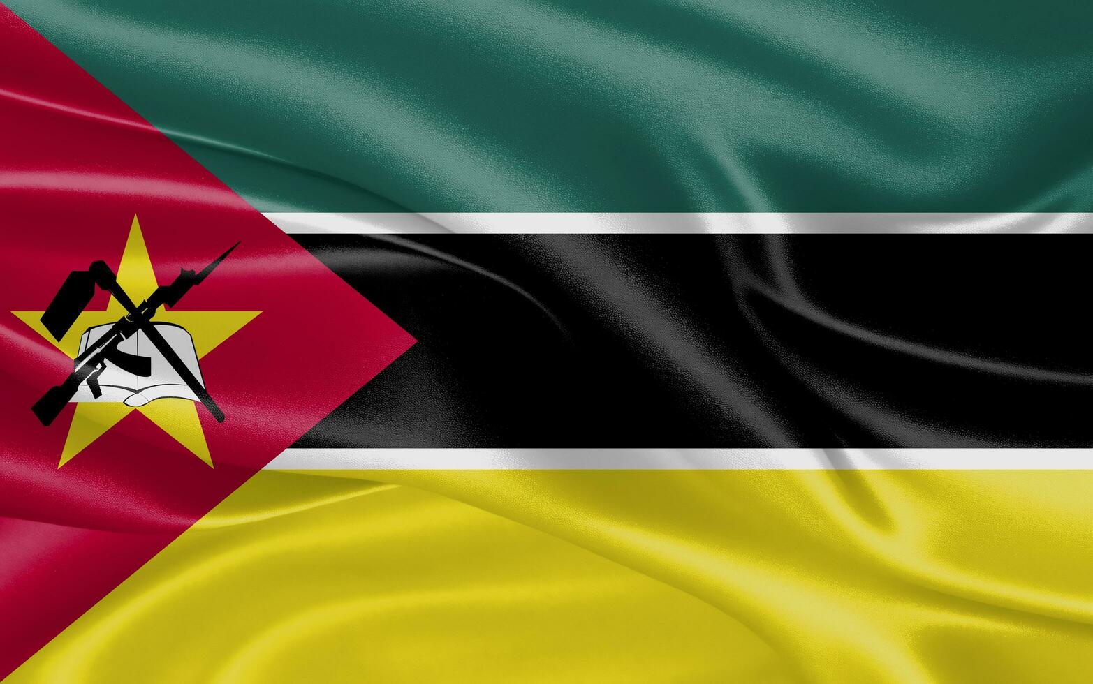 3d waving realistic silk national flag of Mozambique. Happy national day Mozambique flag background. close up photo