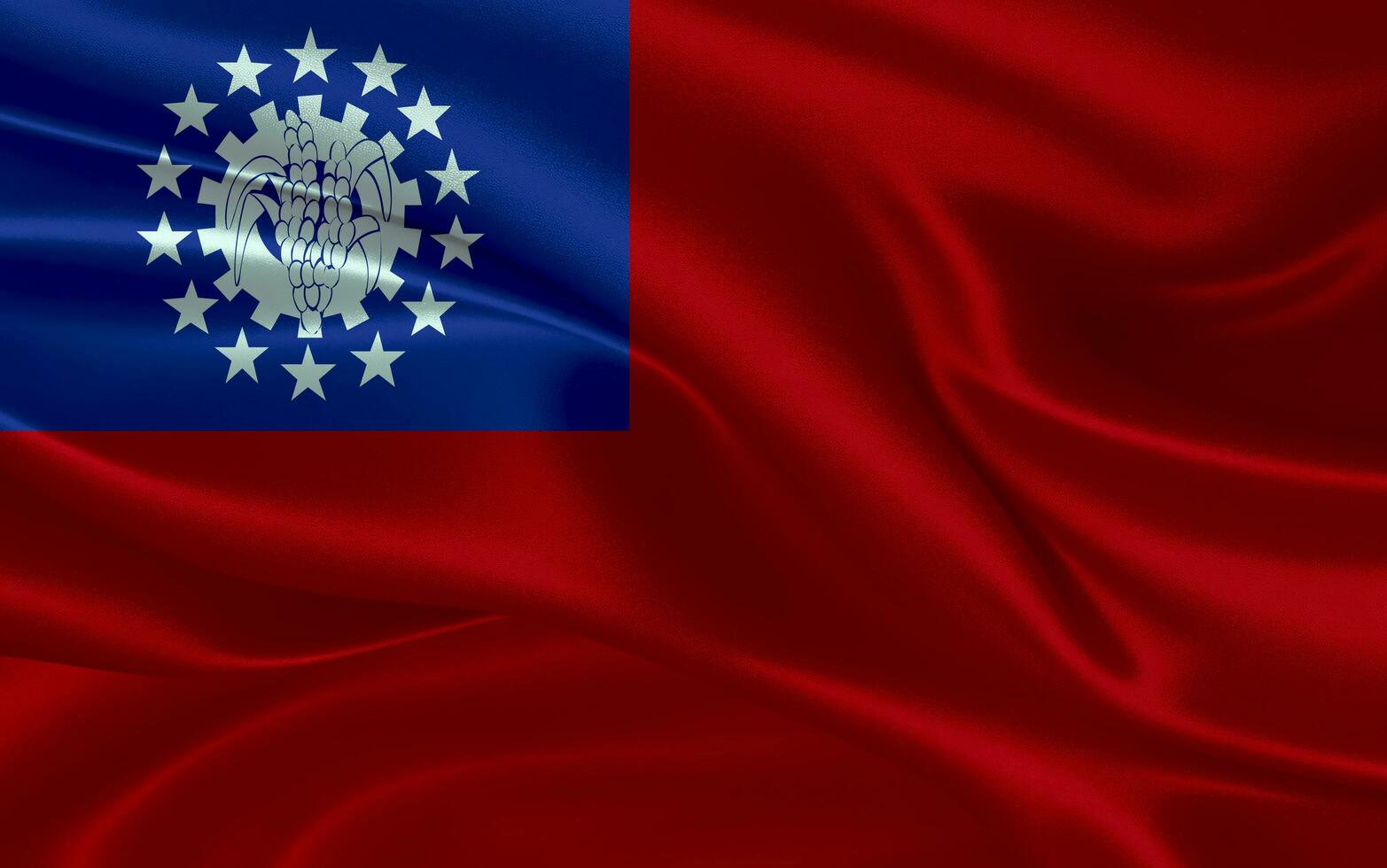 3d waving realistic silk national flag of Myanmar Burma. Happy national day Myanmar Burma flag background. close up photo