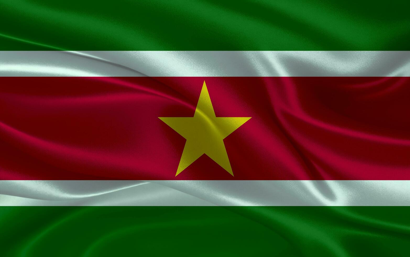 3d waving realistic silk national flag of Suriname. Happy national day Suriname flag background. close up photo