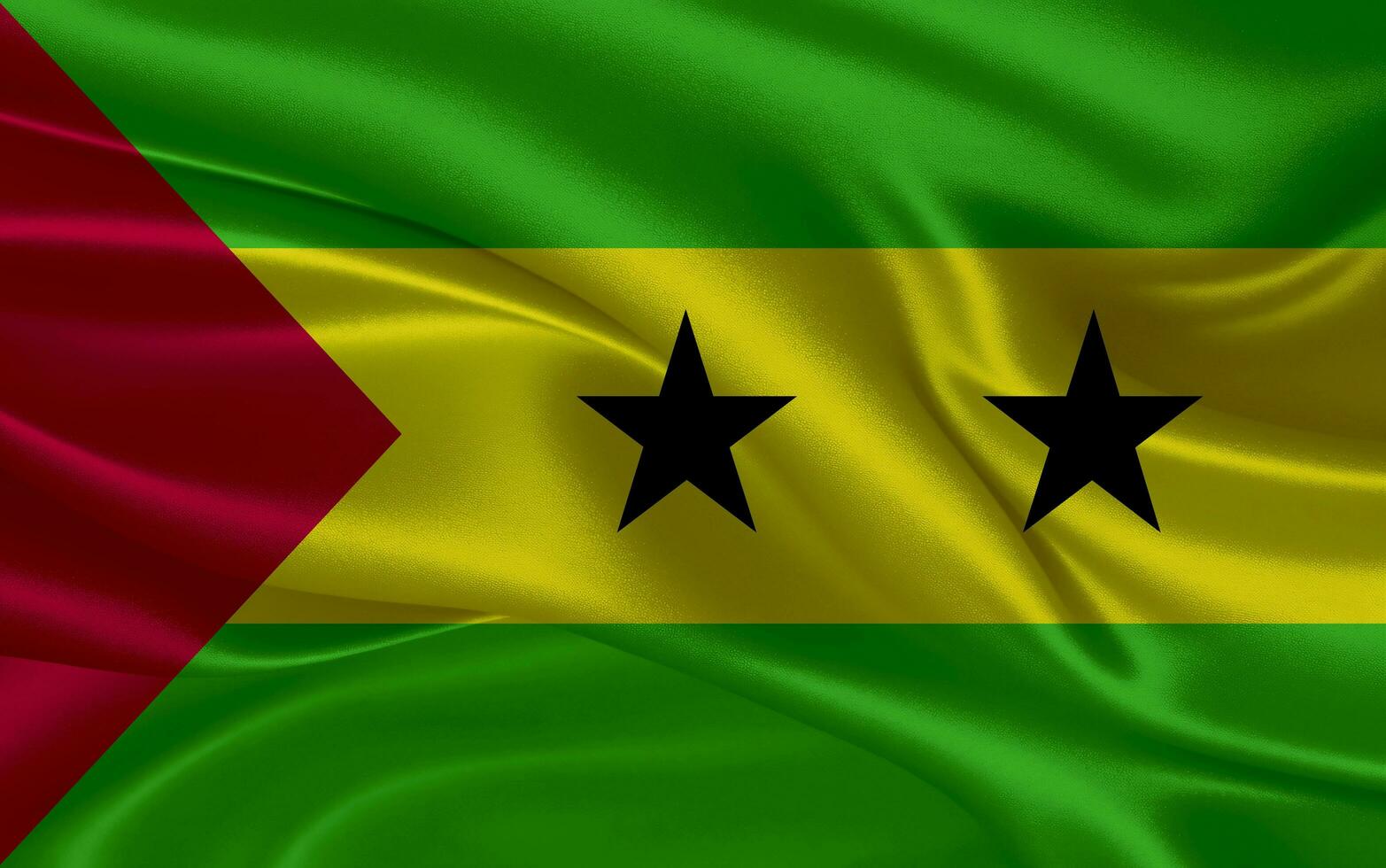 3d waving realistic silk national flag of Sao Tome and Principe. Happy national day Sao Tome and Principe flag background. close up photo