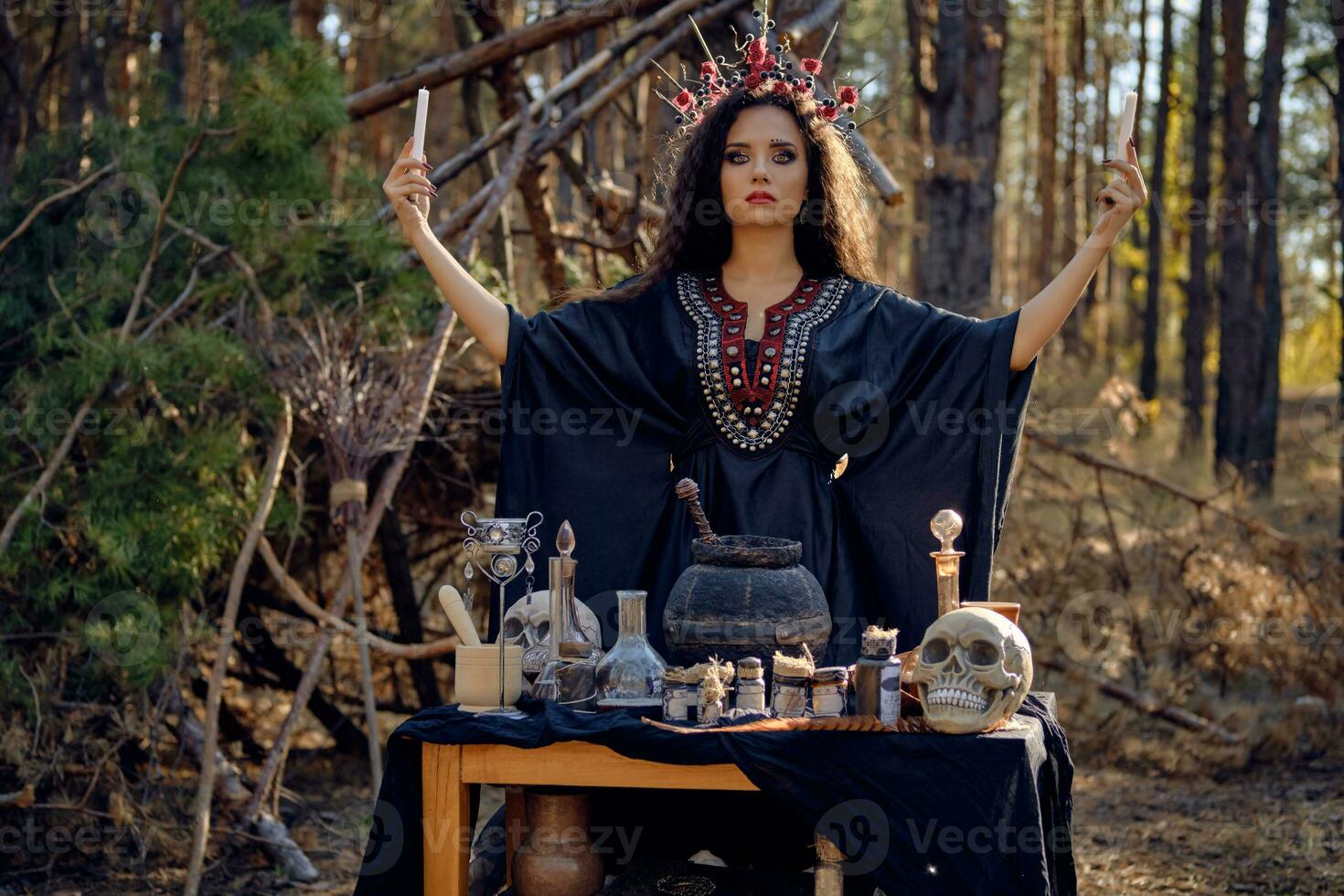 Beautiful witch in black, long dress, with red crown in her long, curly hair. Posing in pine forest. Spells, magic and witchcraft. Close-up. photo