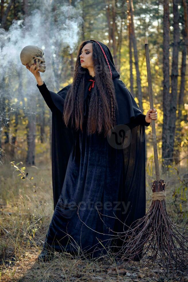 Witch in black, long dress with cape and hood. Posing in smoke pine forest. Holding a skull and a broom. Spells, magic and witchcraft. Full length. photo