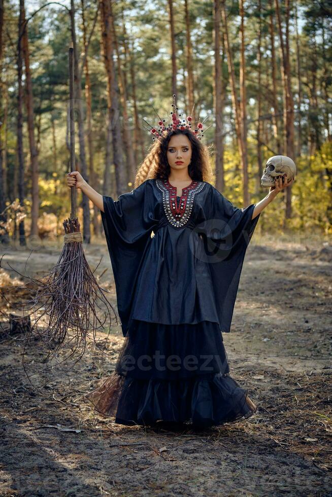 Witch in black, long dress, with red crown in her long hair. Posing with broom and skull in pine forest. Spells, magic and witchcraft. Full length. photo