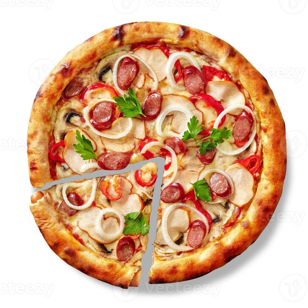 Sliced pizza with Viennese sausages crust stuffed and filling of smoked chicken, hunting sausages, mushrooms, bell peppers, onions photo