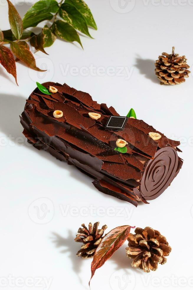 Swiss chocolate roll with hazelnuts on white with green branch and cones photo
