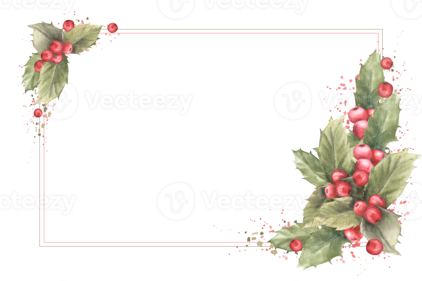 aquarelle peint carte de houx feuilles et rouge baies avec aquarelle éclaboussures. traditionnel plante pour Noël ou Nouveau année décor, hiver, célébrer carte avec modèle. png