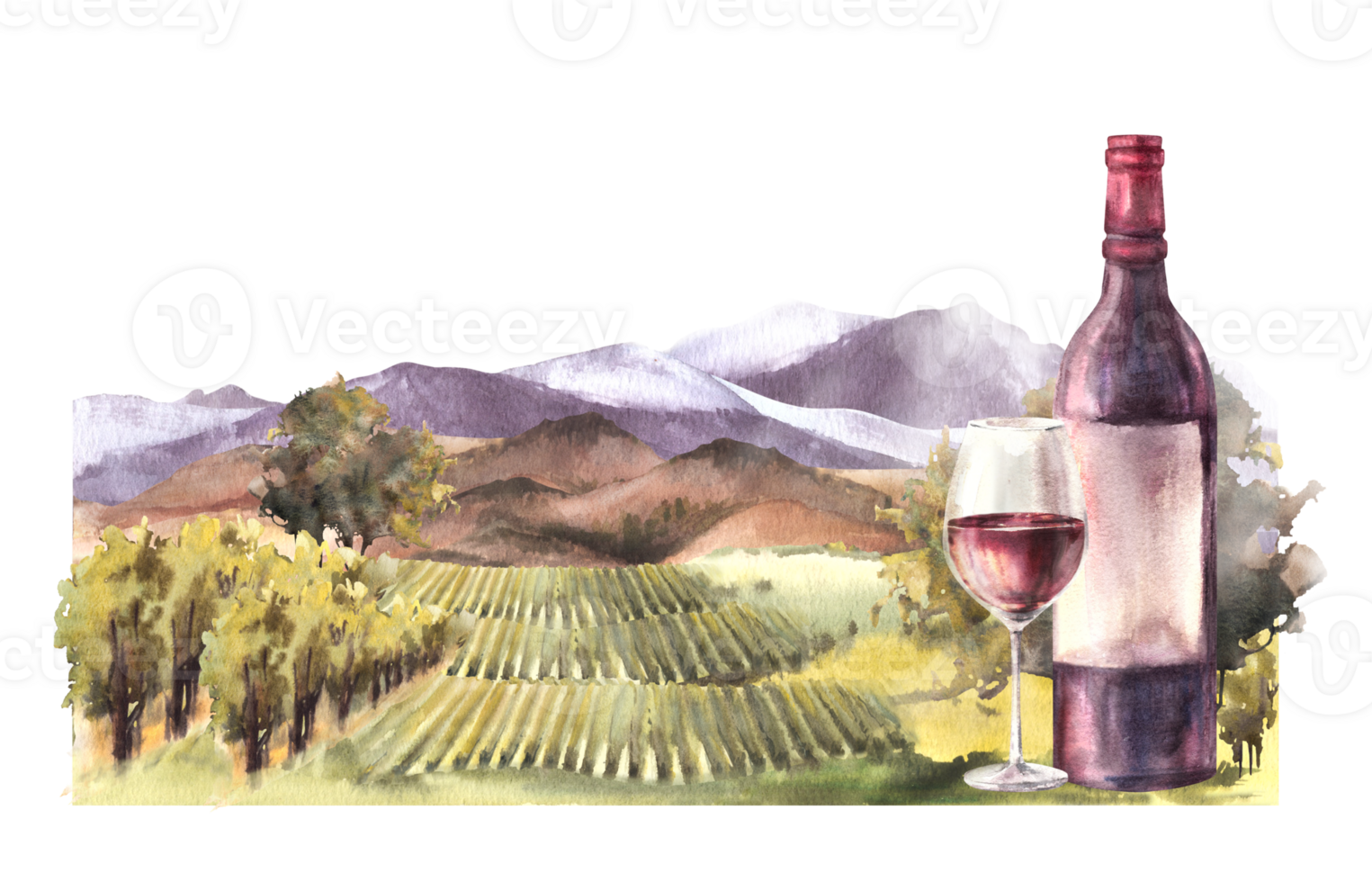 Watercolor wine label Bottle and glass of wine in front of vineyards rural landscape with grape fields, trees, hills and mountains Winemaking farm. Hand draw illustration png