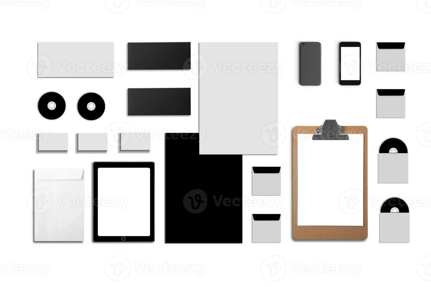 Blank Corporate ID. Set isolated on white. Consist of business cards, folder, tablet PC, envelopes, a4 letterheads, notebooks, flash, pencil, cd disk and smart phones. photo