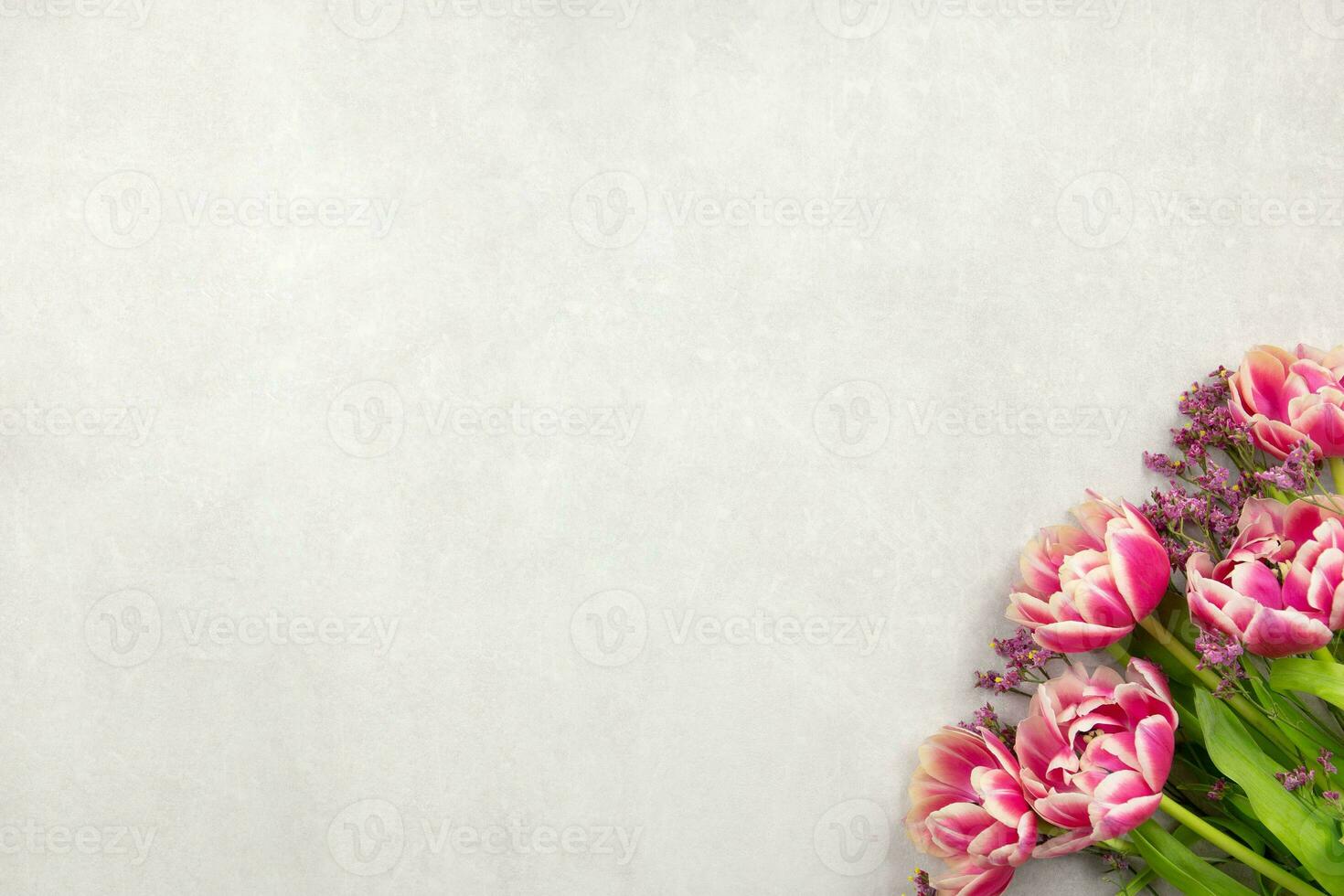 Pink tulips flowers on light gray concrete background. Valentine's, womens, mothers day, easter, birthday or wedding spring holiday flat lay. Top view. Copy space. photo