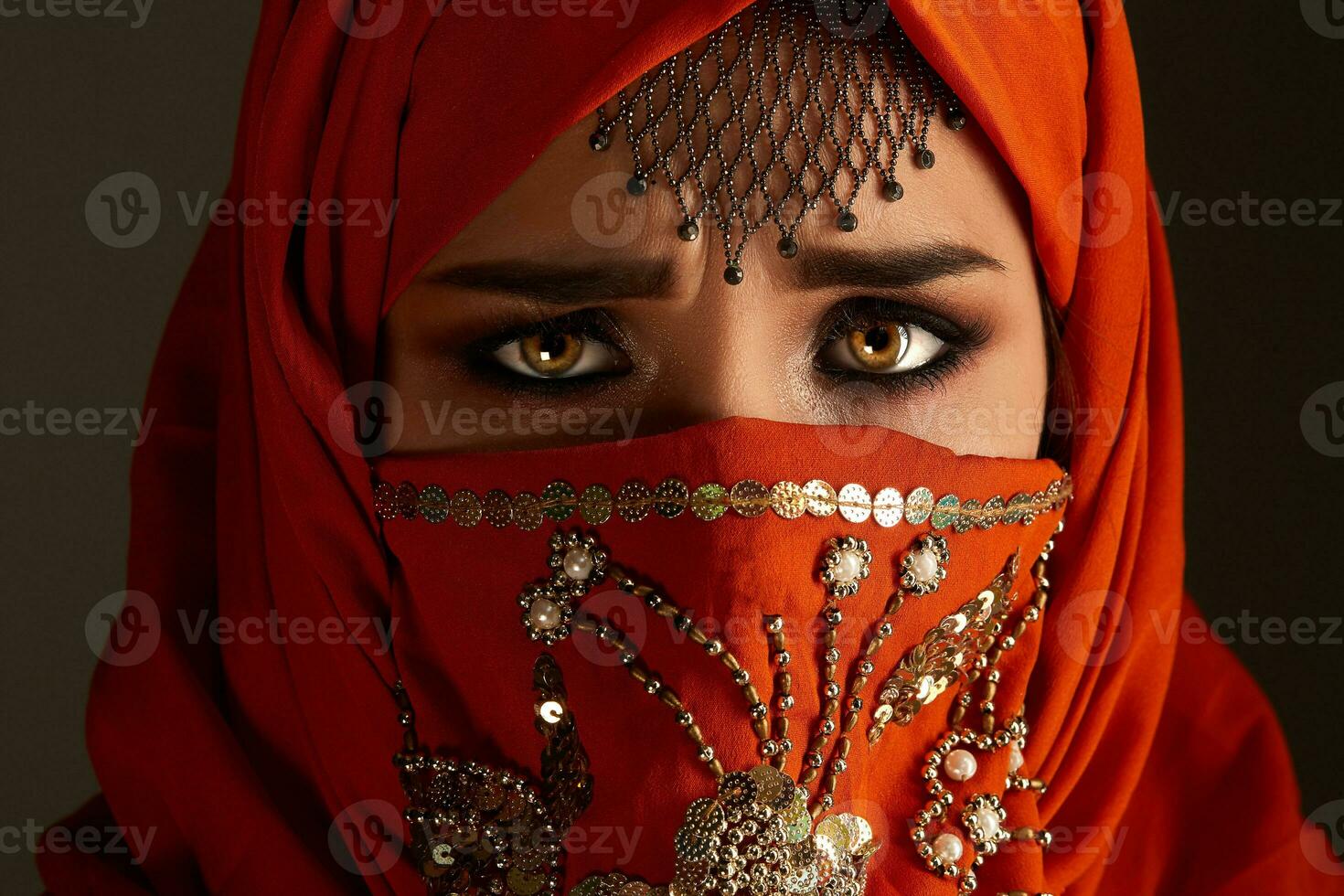 Studio shot of a young charming woman wearing the terracotta hijab decorated with sequins and jewelry. Arabic style. photo