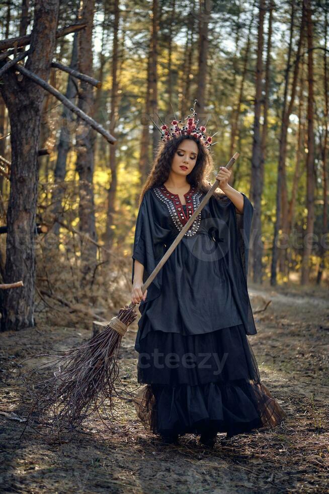 Witch in black, long dress, with red crown in her long hair. Posing with broom in pine forest. Spells, magic and witchcraft. Full length portrait. photo