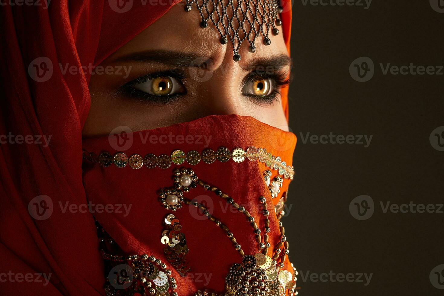 Studio shot of a young charming woman wearing the terracotta hijab decorated with sequins and jewelry. Arabic style. photo