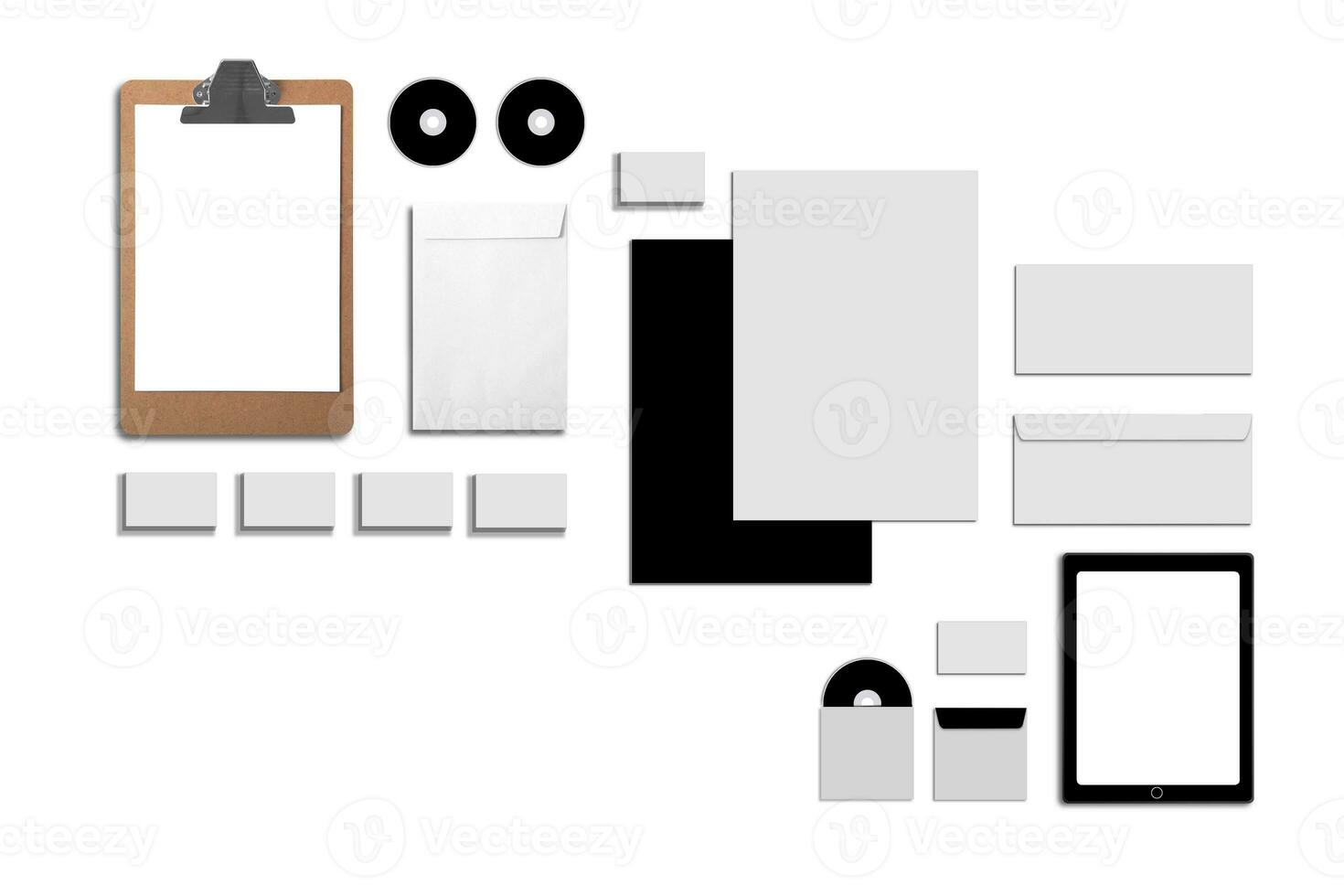 Blank Corporate ID. Set isolated on white. Consist of business cards, folder, tablet PC, envelopes, a4 letterheads, notebooks, flash, pencil, cd disk and smart phones. photo