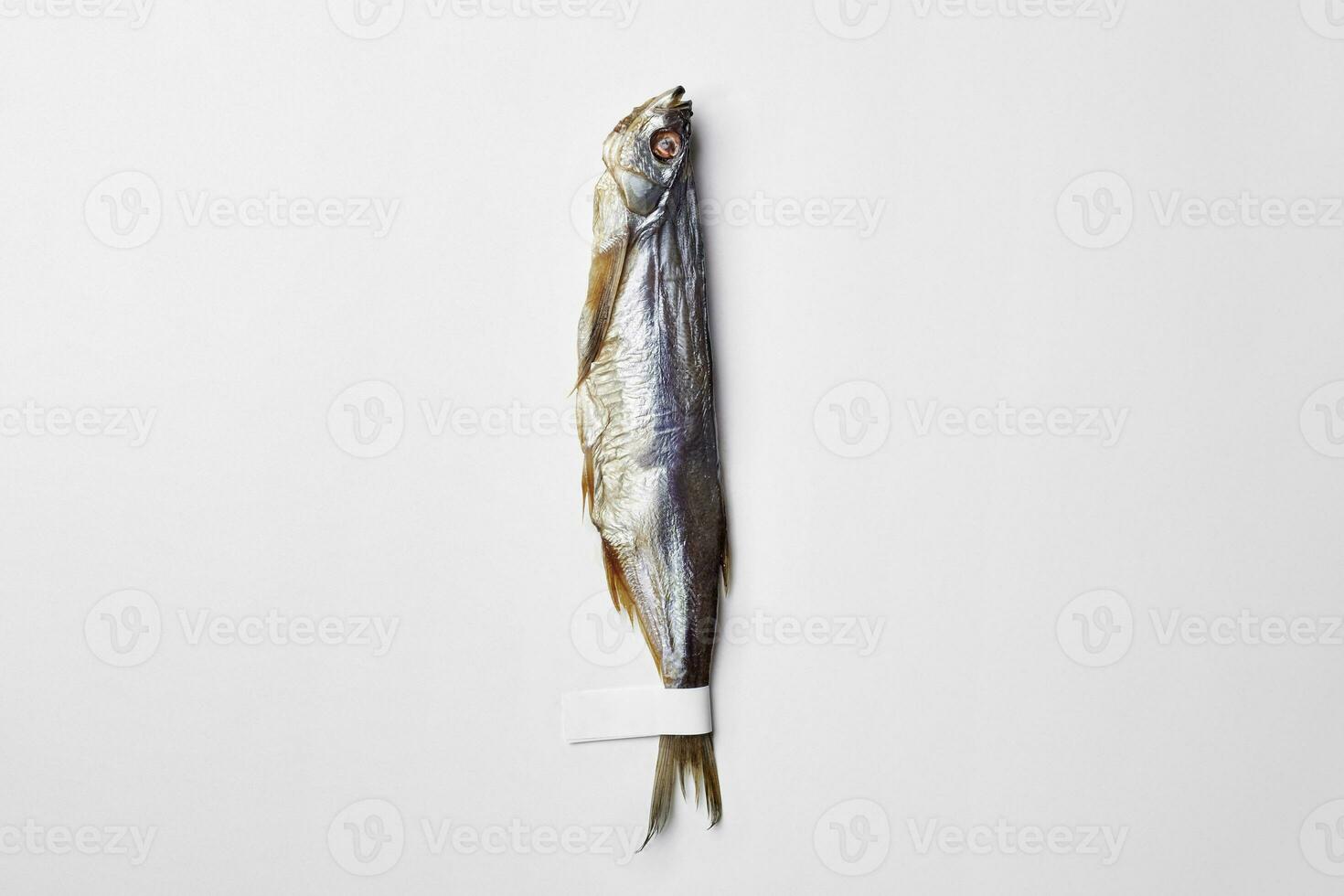Salted air-dried sabrefish with paper label on tail isolated on white photo