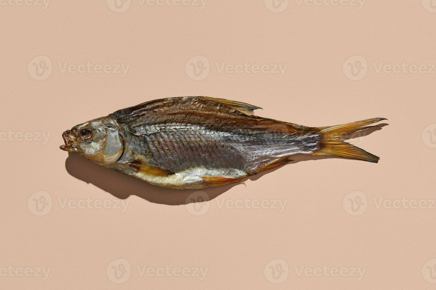 One jerky or dried salty roach, delicious clipfish on pink background. Famous beer appetizer. Traditional way of preserving fish. Close up photo