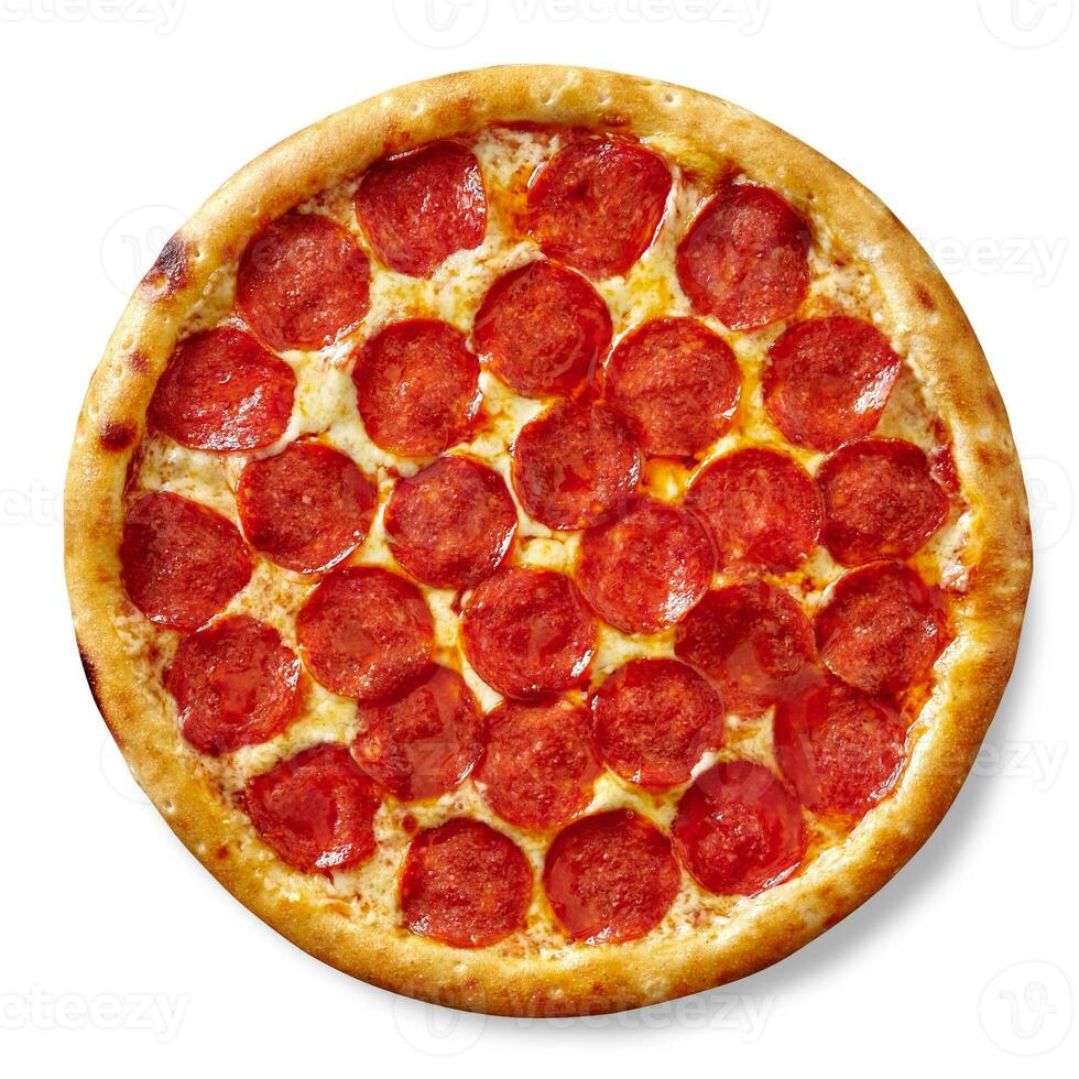 Spicy pepperoni pizza with sausage, tomato sauce and mozzarella cheese isolated on white photo
