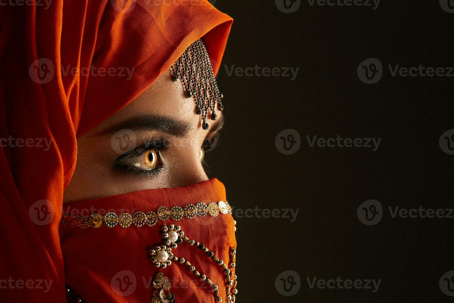 Studio shot of a young charming woman wearing the terracotta hijab decorated with sequins and jewelry. Arabic style. photo