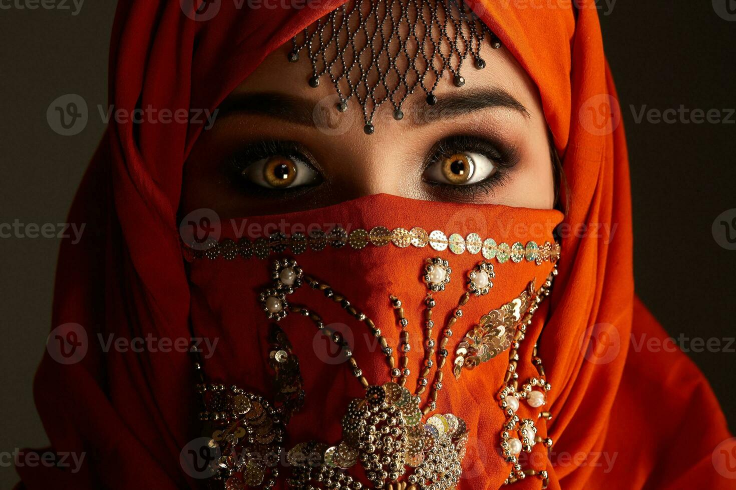 Studio shot of a young charming woman wearing the terracotta hijab decorated with sequins and jewelry. Arabic style. photo