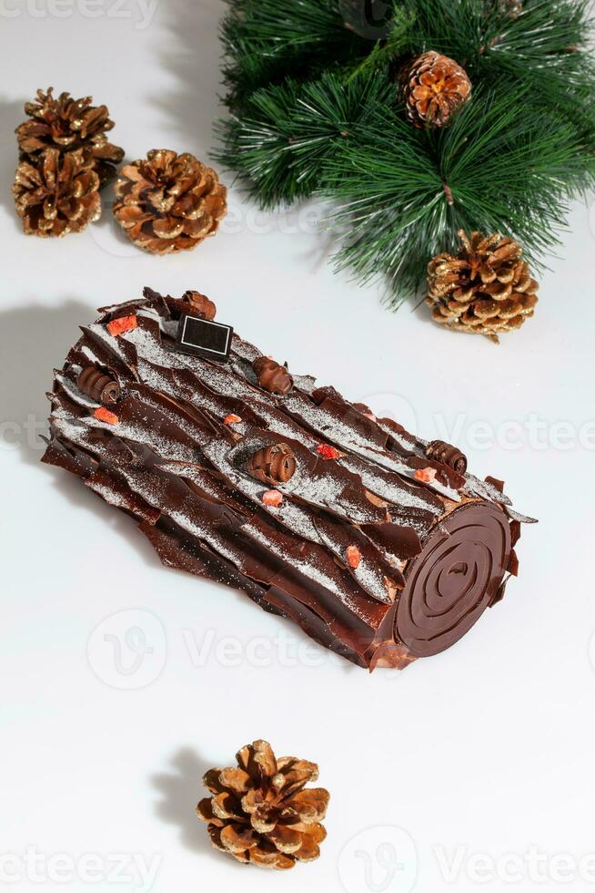 Christmas log shaped chocolate cake roll with tree branch and fir cones photo