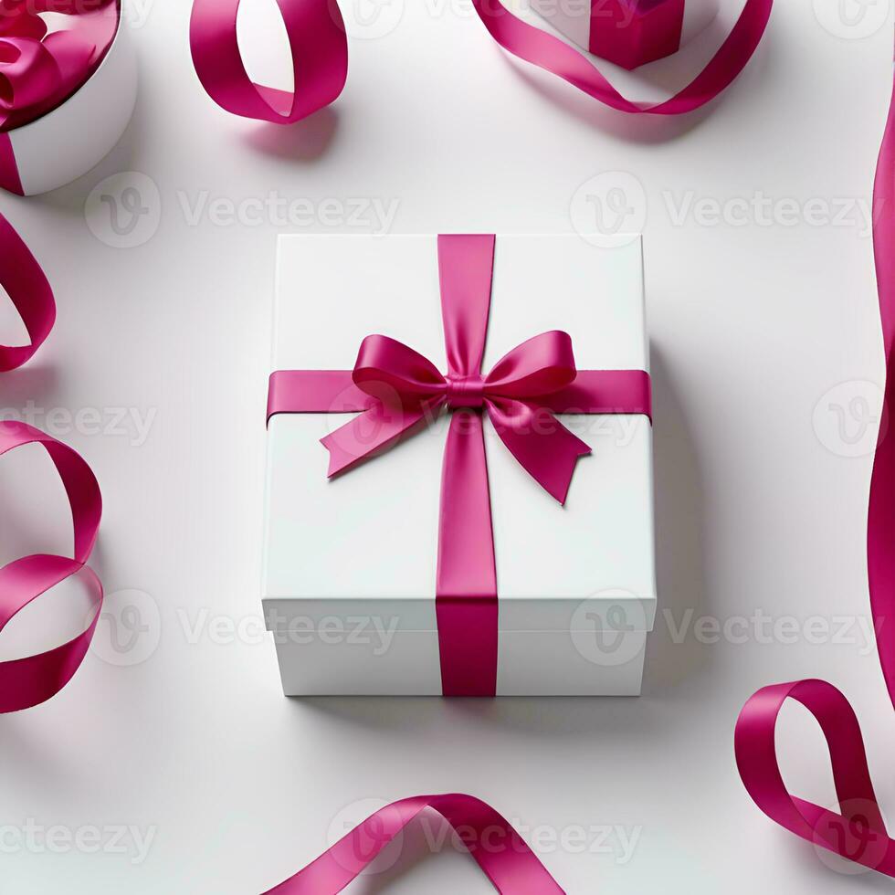 blanco regalo caja rosado cinta arco con ver desde arriba, generativo ai foto