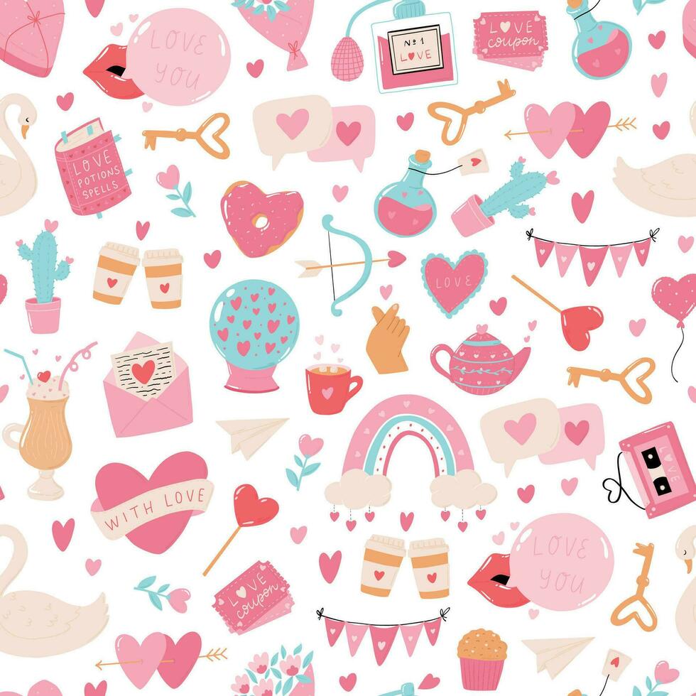 Valentine's day seamless pattern with hand drawn doodles, cartoon elements for wallpaper, backgrounds, wrapping paper, textile prints, stationary, etc. EPS 10 vector