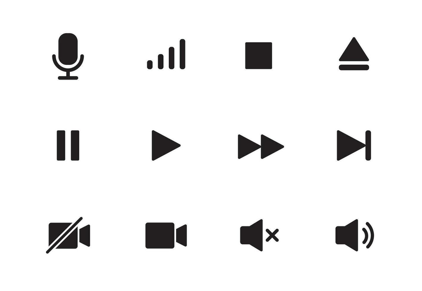 Audio, video, music player button icon. Sound control, play, pause button solid icon set. Camera, media control, microphone interface pictogram.  Vector