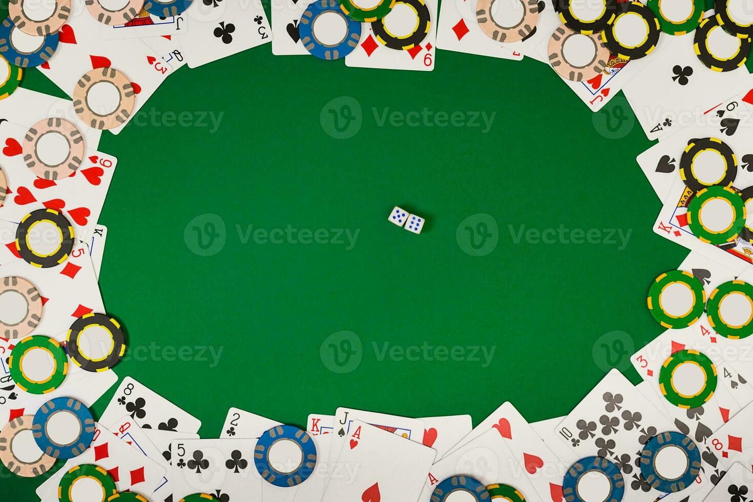 View from above with copy space. Banner template layout mockup for online casino. Green table, top view on workplace. photo