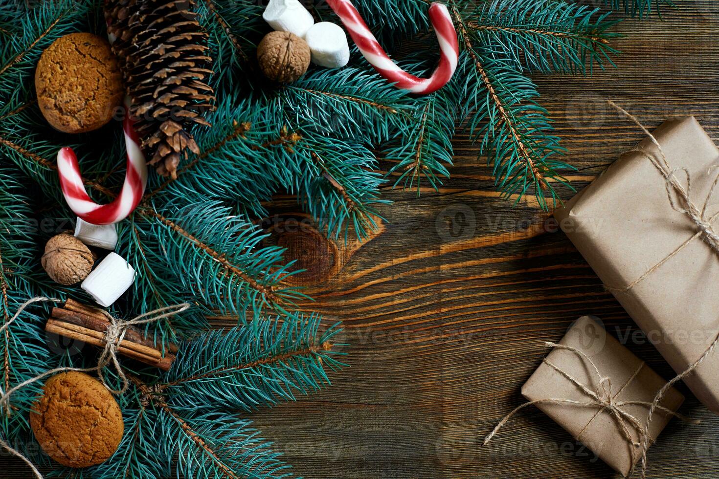 Christmas or New Year background with cookies, spices, cinnamon, nuts and fir tree branch on dark wooden background. photo