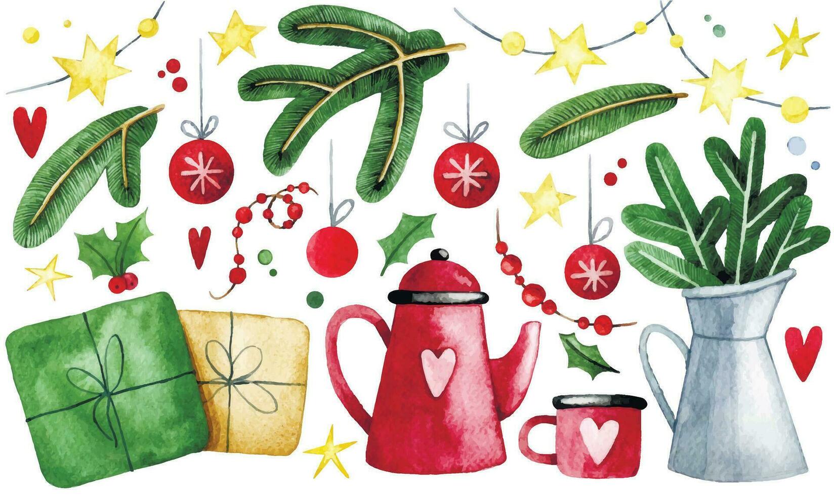 linda conjunto de Navidad elementos en Clásico estilo. acuarela dibujo acogedor Navidad, invierno. regalos, guirnaldas, Navidad árbol ramas y decoraciones vector