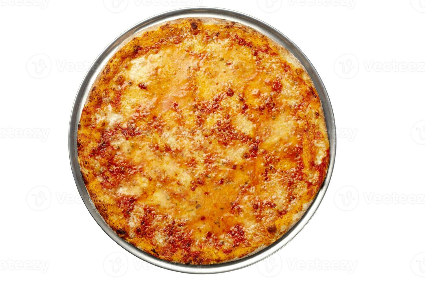 Top view of pizza bolognese with tomato sauce, ground meat and mozzarella isolated on white photo