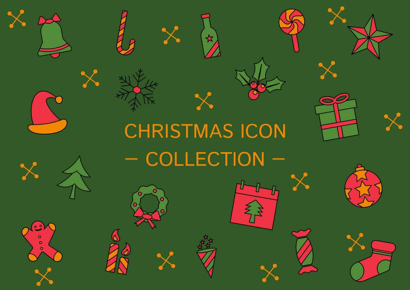 christmas icons collection, vector isolated on green background.