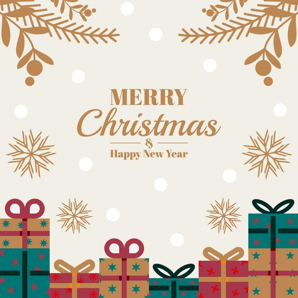 Christmas greeting card with gift elements, pine leaves, snow. vector design for social media, poster, banner.