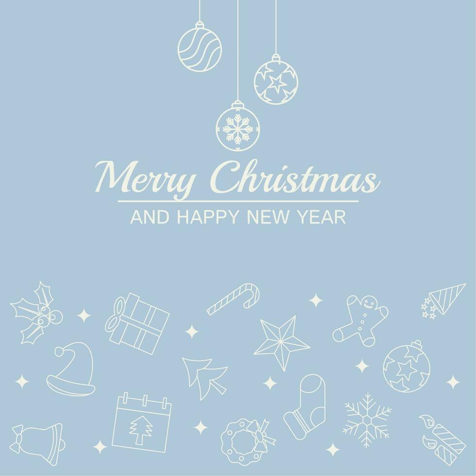 blue Christmas greeting card, with various ornaments line christmas icons. vector design for banner, poster, social media promotion, web.