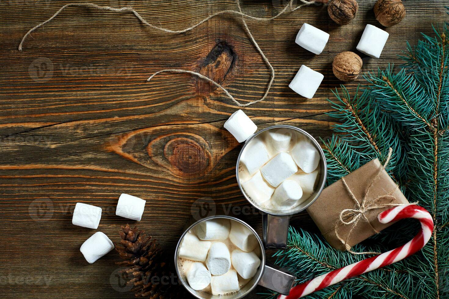 Cocoa with marshmallow, chocolate and spruce branches on a wooden background photo