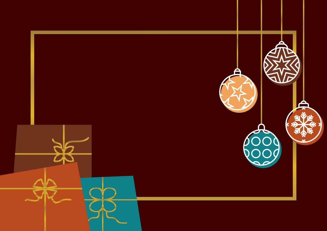 Christmas poster with gift box ornaments and balls. free copy space area, vector design for greeting cards, banners, social media, web.