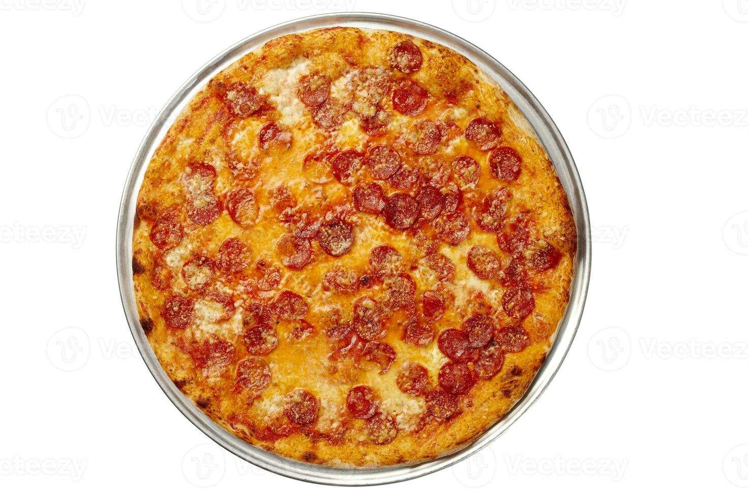 Top view of pepperoni pizza wit sausage, tomato sauce, melted mozzarella isolated on white photo