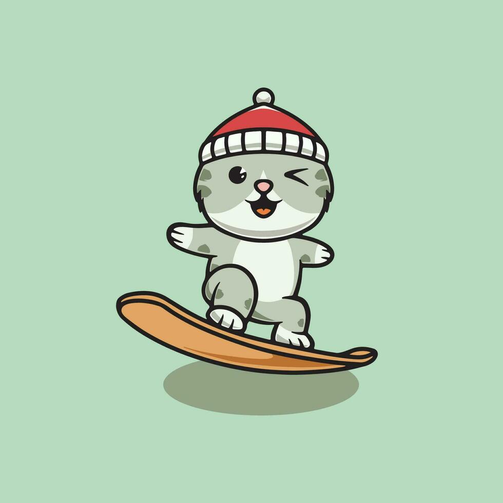 linda gato jugando tabla de snowboard en Navidad dibujos animados ilustración vector