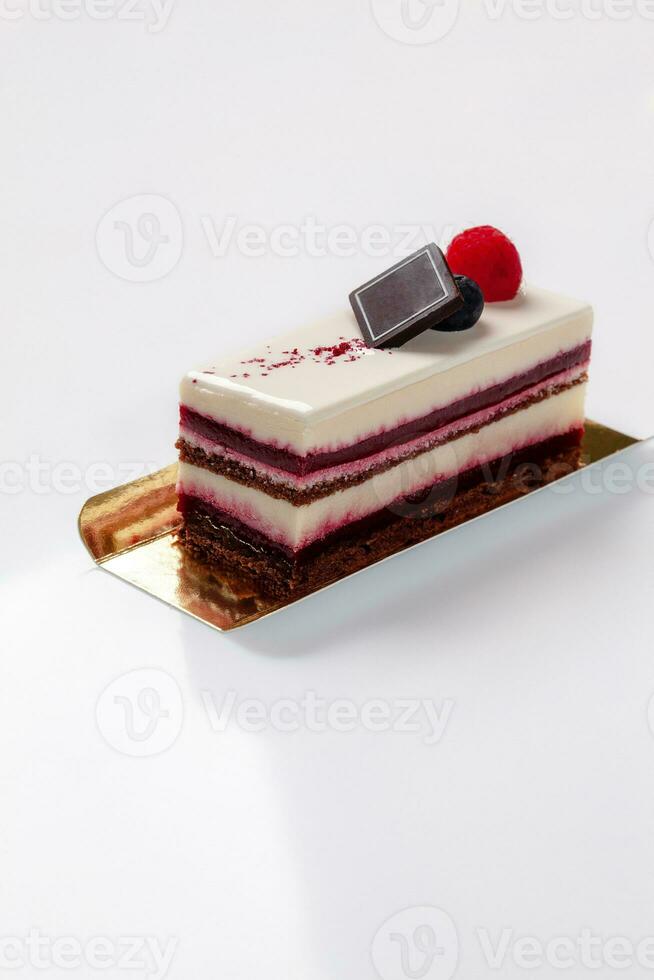 Slice of raspberry dessert with chocolate sponge cake, cream cheese mousse and berry jelly photo