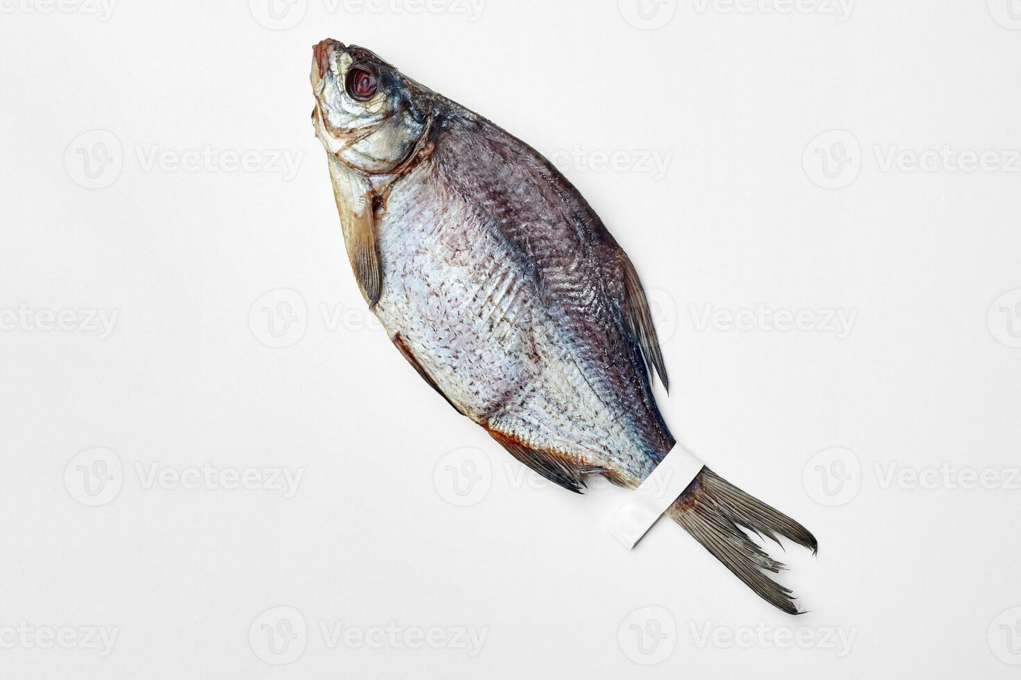 Whole salted sun-dried bream with label on tail on white surface photo