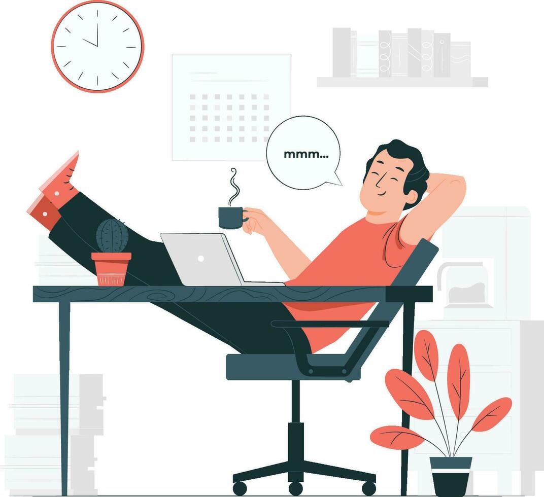 man relaxing at desk with laptop and coffee vector
