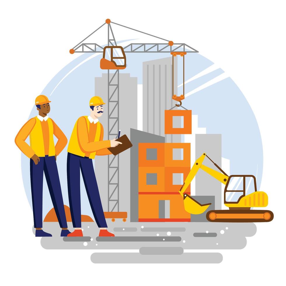 construction workers standing next to a construction crane vector