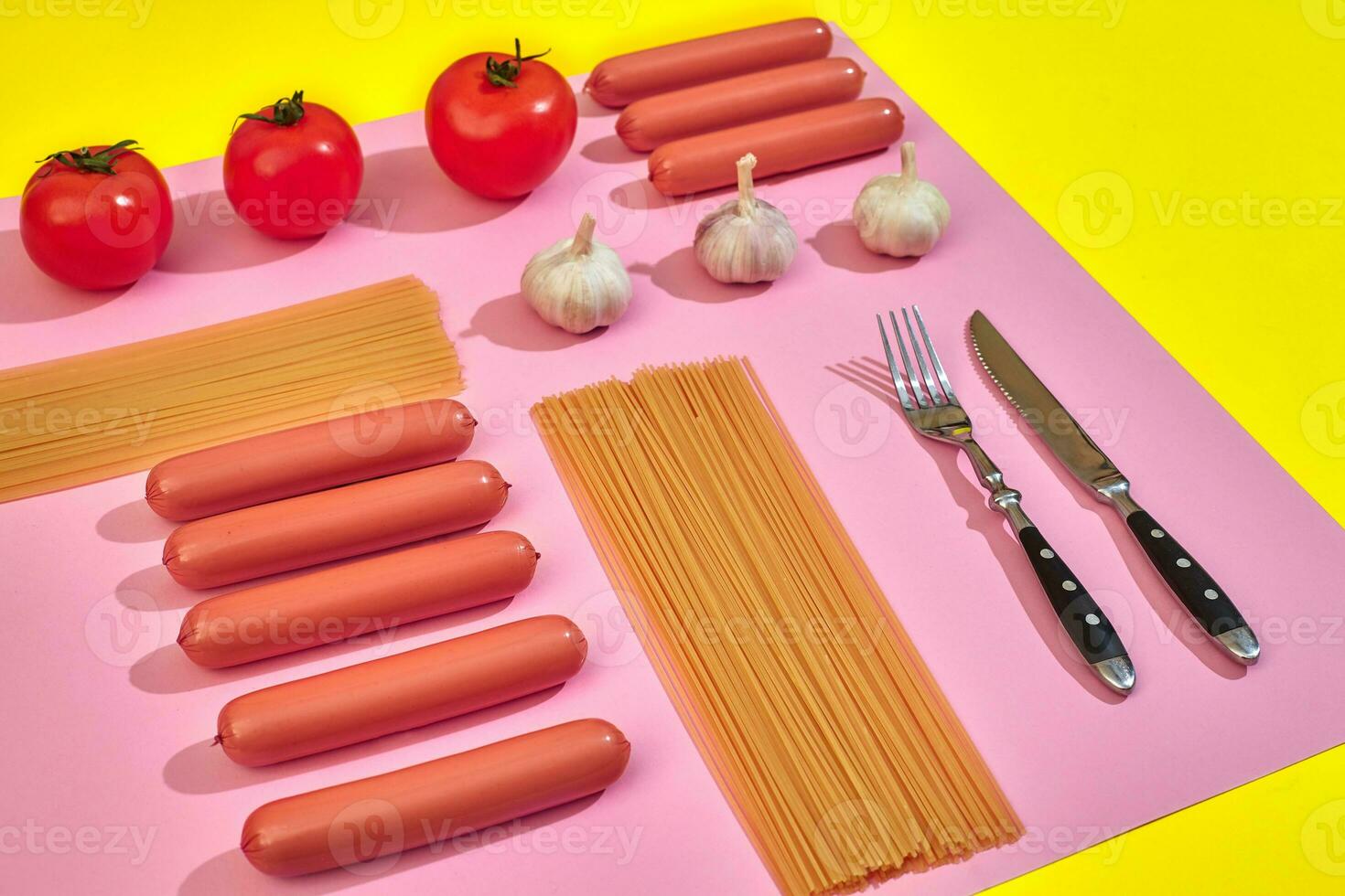 A lot of raw sausages with pasta and vegetables on pink and yellow background, top view. photo