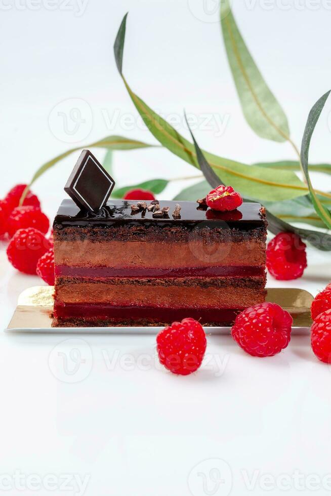 Chocolate sponge cake with airy mousse, raspberry confit and glaze garnished with fresh berries photo