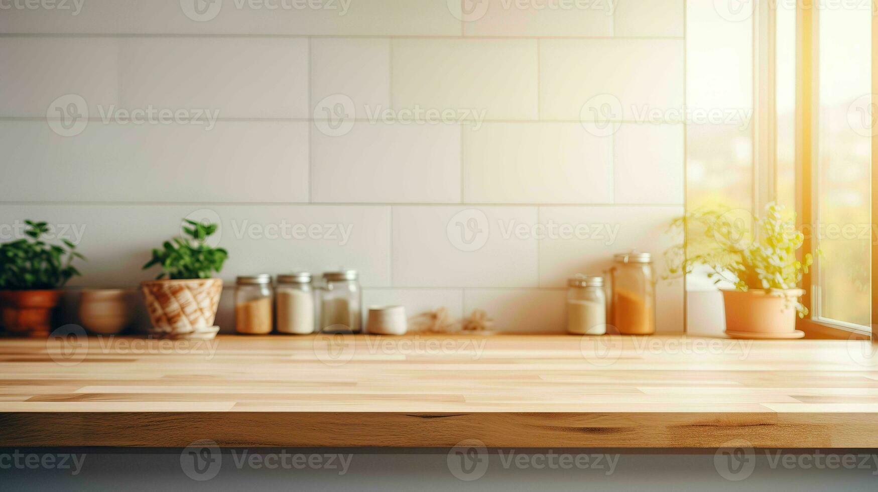 AI generated Empty Modern kitchen with blurred background, space for product display, Generative ai photo