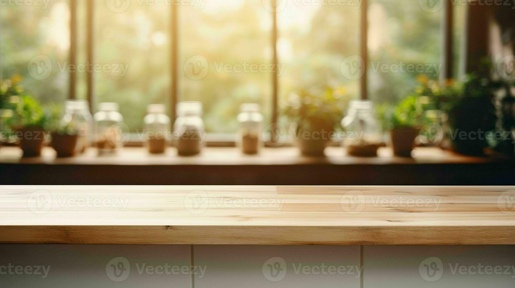 Empty Modern kitchen with blurred background, space for product display. Generative Ai photo