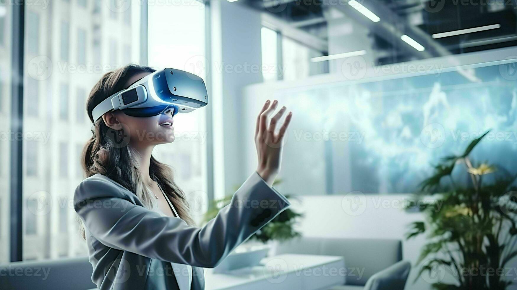 AI generated Woman Wearing Virtual Reality Glasses in an Augmented Reality Workspace - Digital Innovation Illustration, Generative ai photo
